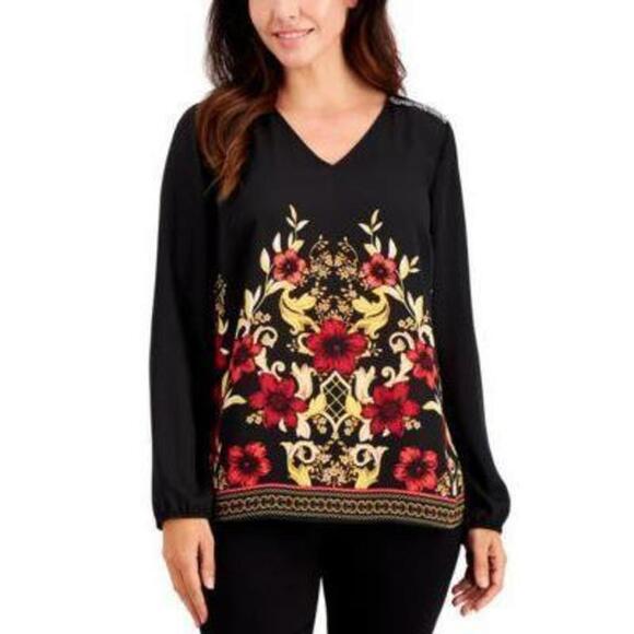 JM Collection Petite Delilah Embellished-Shoulder Top Deep Black Combo PP - Picture 1 of 3
